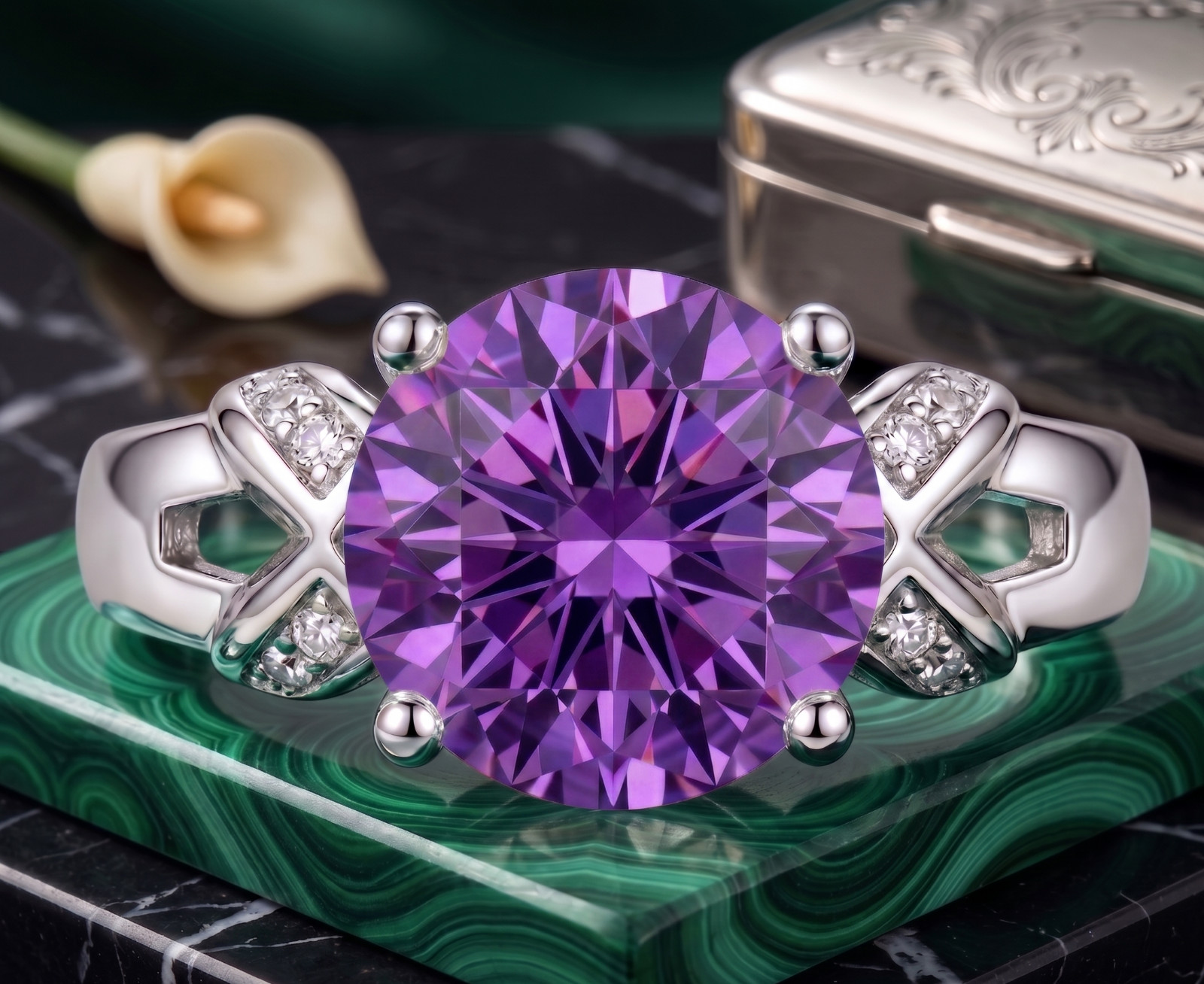 RARE 6.00 Ct Certified Round Shape Purple Natural Diamond Ring White Gold Finish