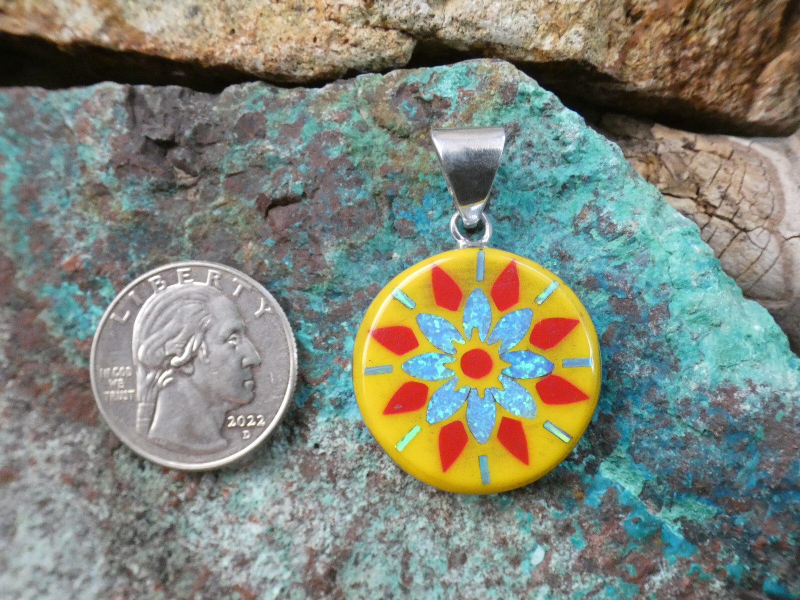 Yellow Flower Burst Gemstone Opal Aluminum Sterling Silver Alloy Pendant AK81