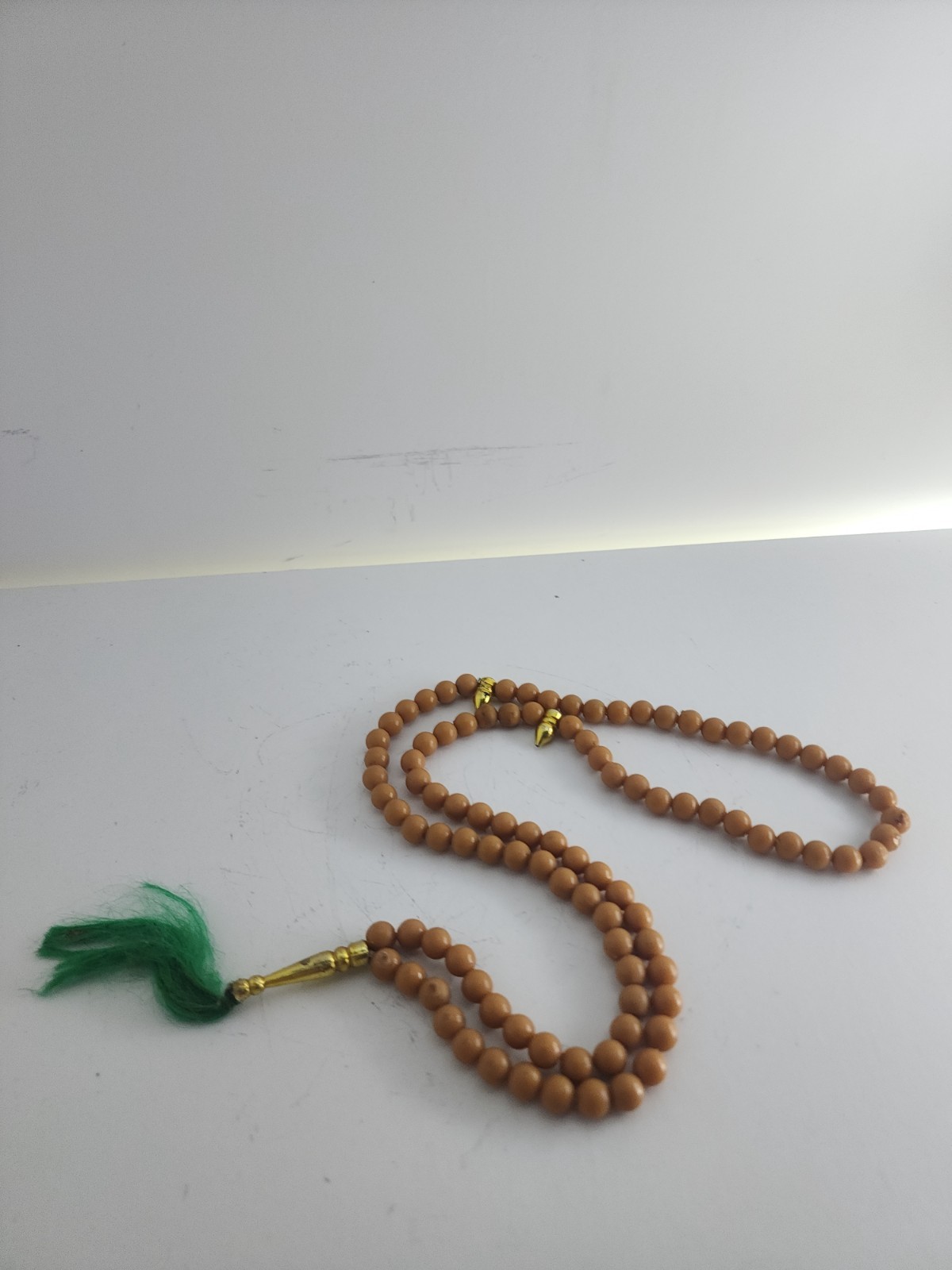 Brown Beige Beads Necklace Meditation Souvenir Green Tassel Gold Tone Charm