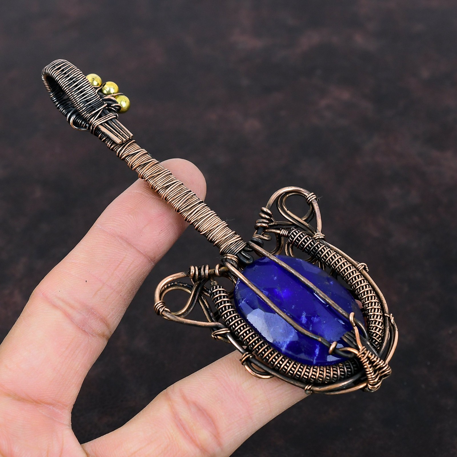Sisters Day Sale Copper Natural Blue Saphire Wire Wrapped Guitar Trendy Pendant