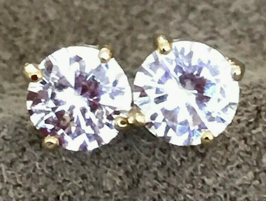 White Cubic Zirconia Earrings 6mm 14k Gold Plated Sterling Silver Best Quality