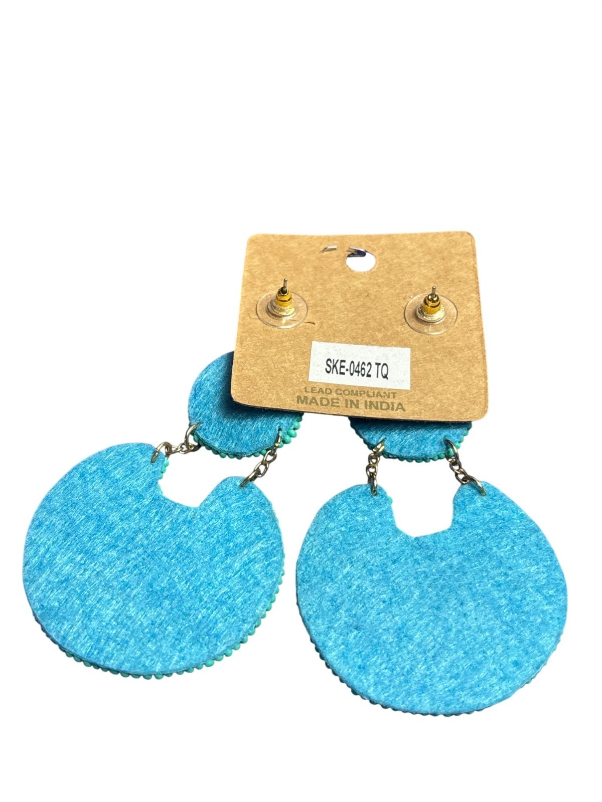 Treasure Green Seed Bead Circles Dangle Earrings Felt Back 3.5 inches New