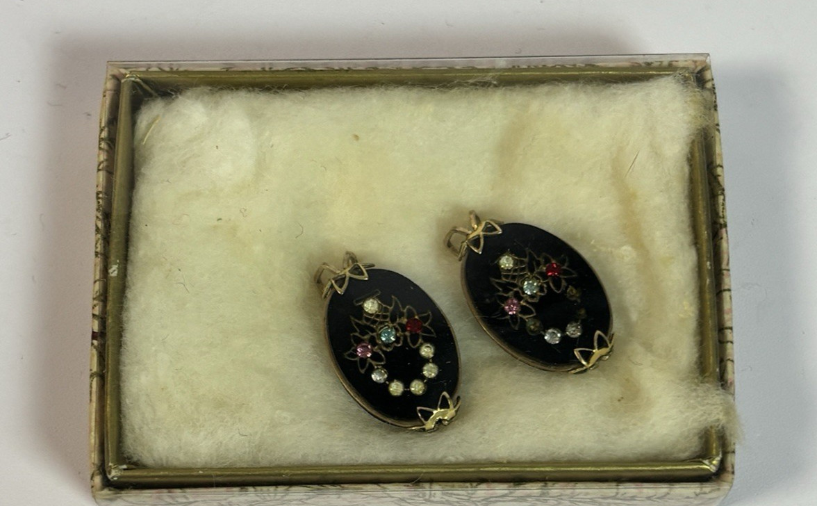 Vintage Hillcraft Black Oval Rhinestone Flower Basket Clip On Earrings Box READ