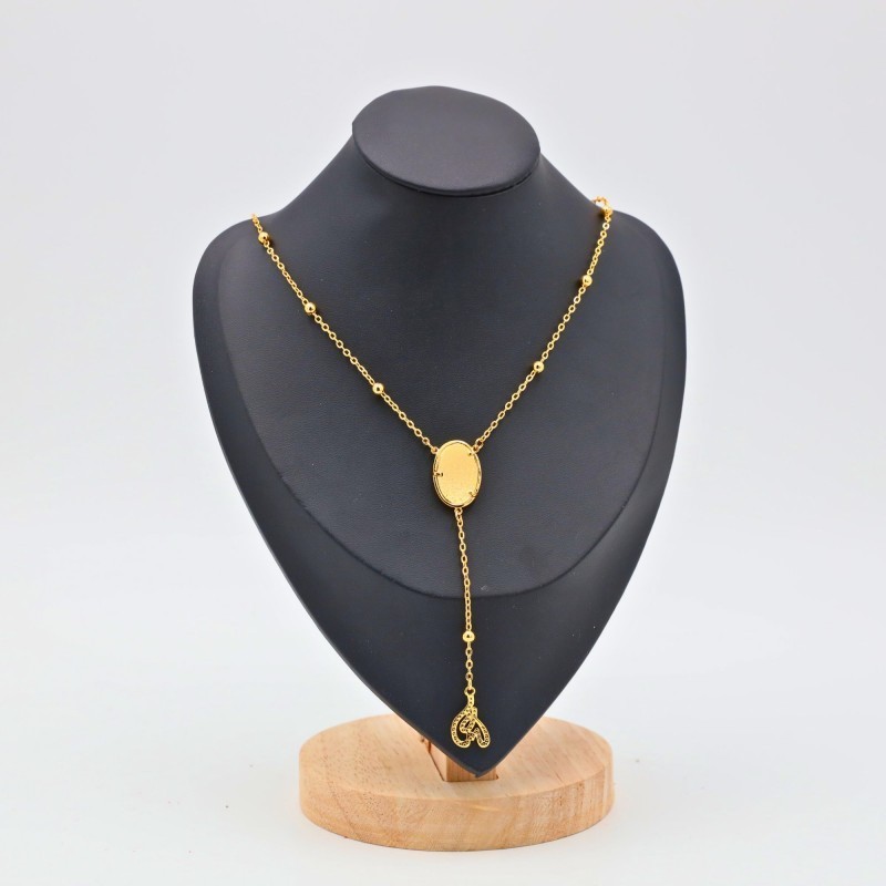Elegant Gold Tone Lariat Necklace Oval Pndant Beaded Chain Filigree Charm Gift