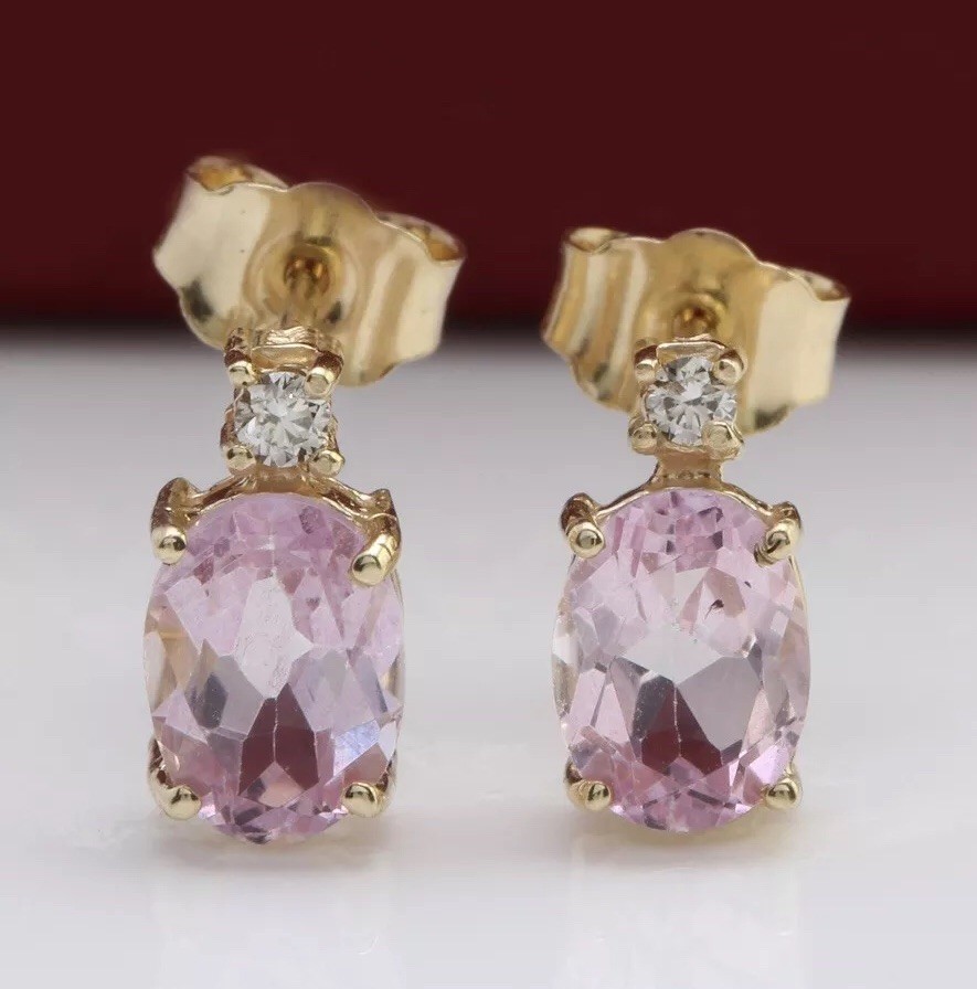 2.56 Carat Natural Pink Kunzite & Diamond in 14K Solid Yellow Gold Stud Earrings
