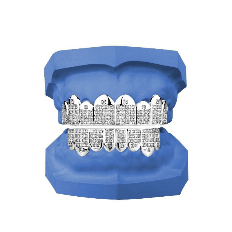 14K GP HipHop Teeth Dental Caps Grillz PrincessCut Grills Set W/ Wax Real CZ