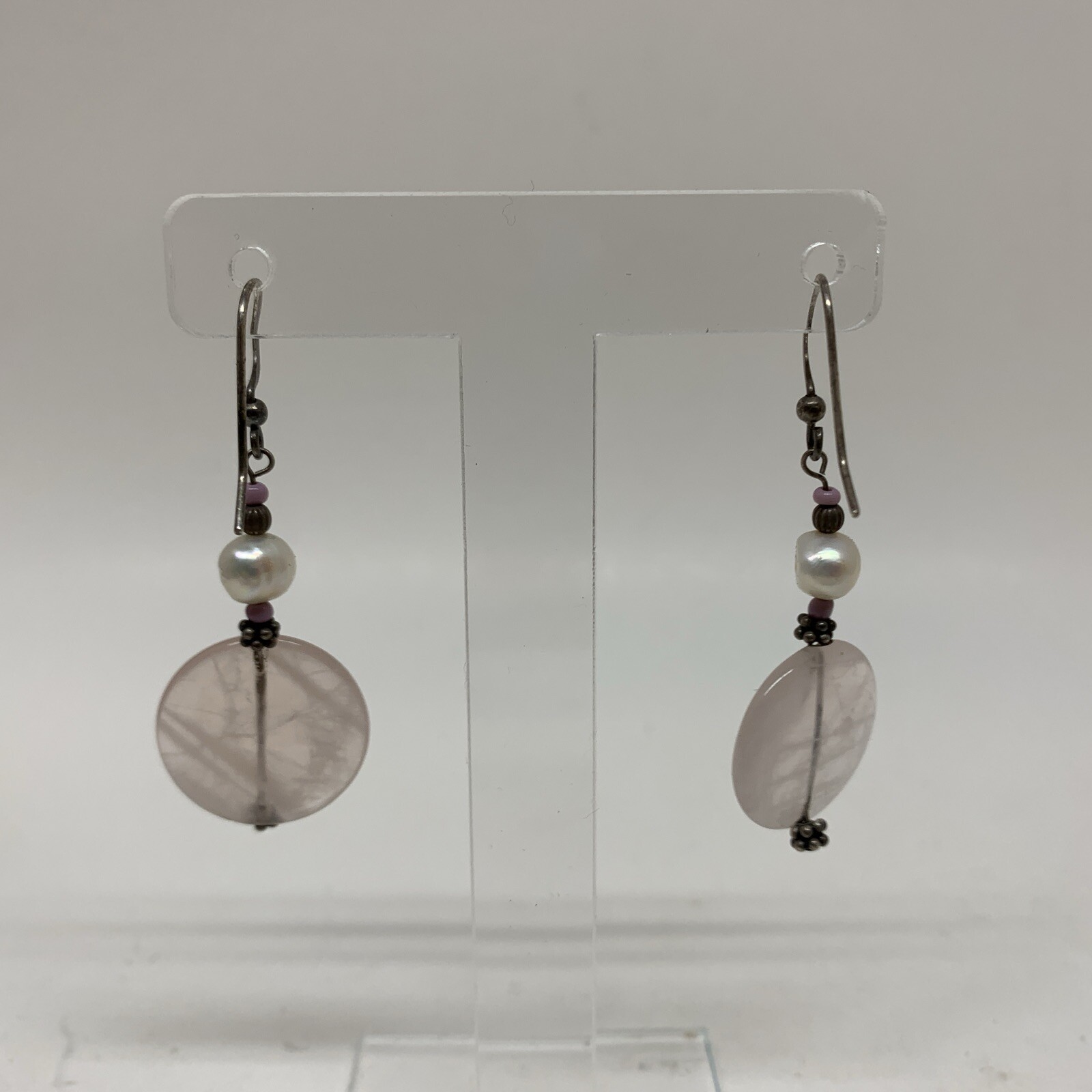 925 Sterling Silver Real Pearl & Rose Quartz Beaded Dangling Earrings 7.89g