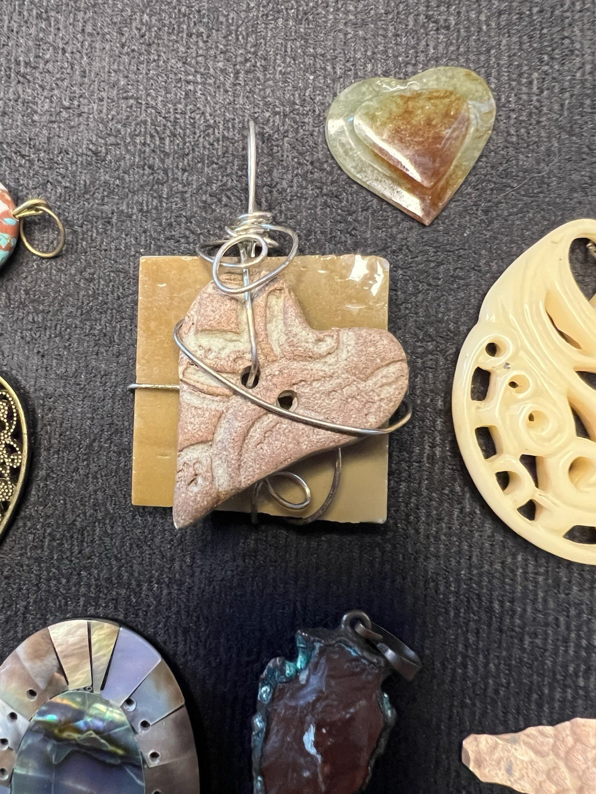 10 Pc Artisan Pendant Lot Abalone Shell Copper Stone Hearts Handmade Mixed