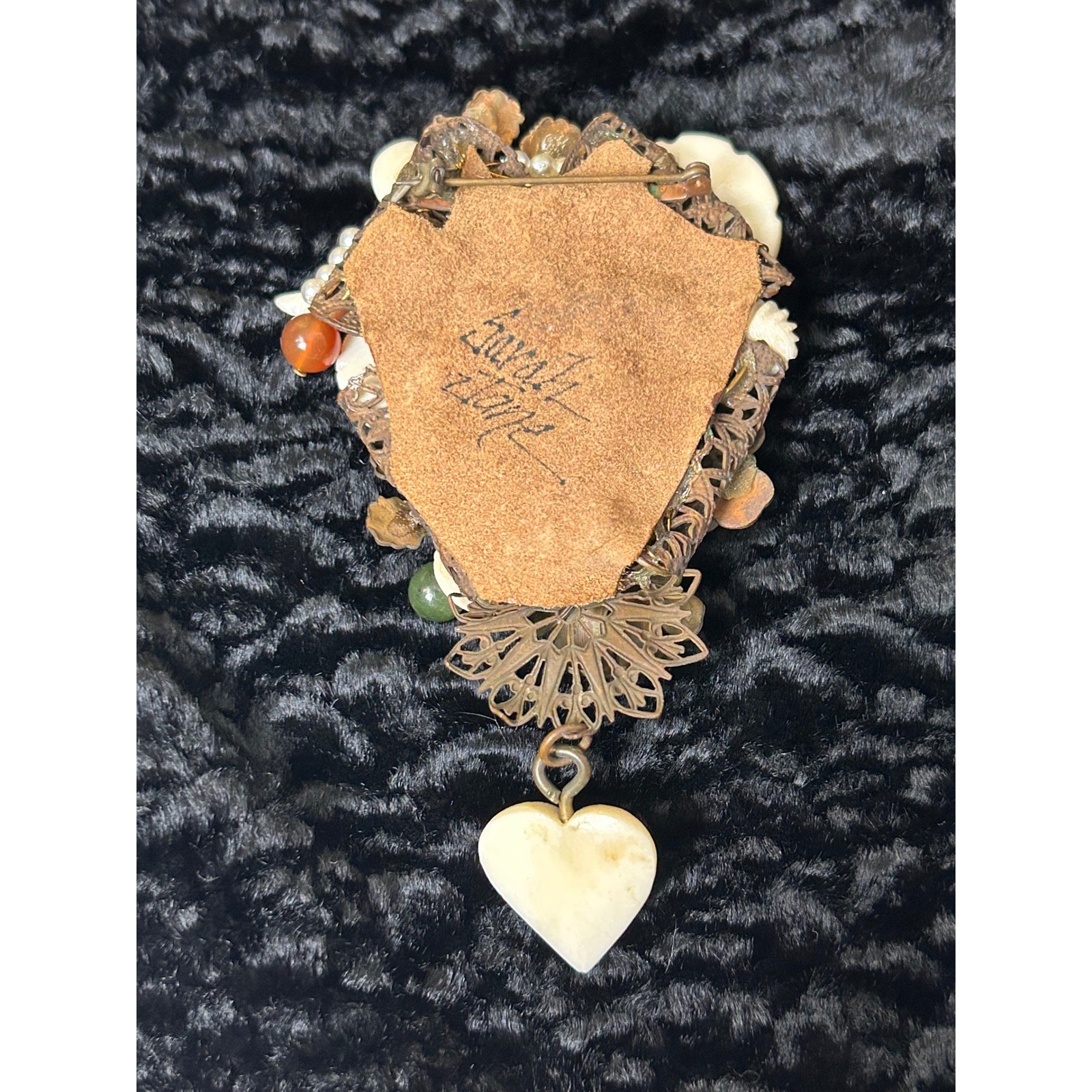 Sarah Jane Mixed Media Assemblage Brooch Carved Asian Figure Dragon Heart 4.5″