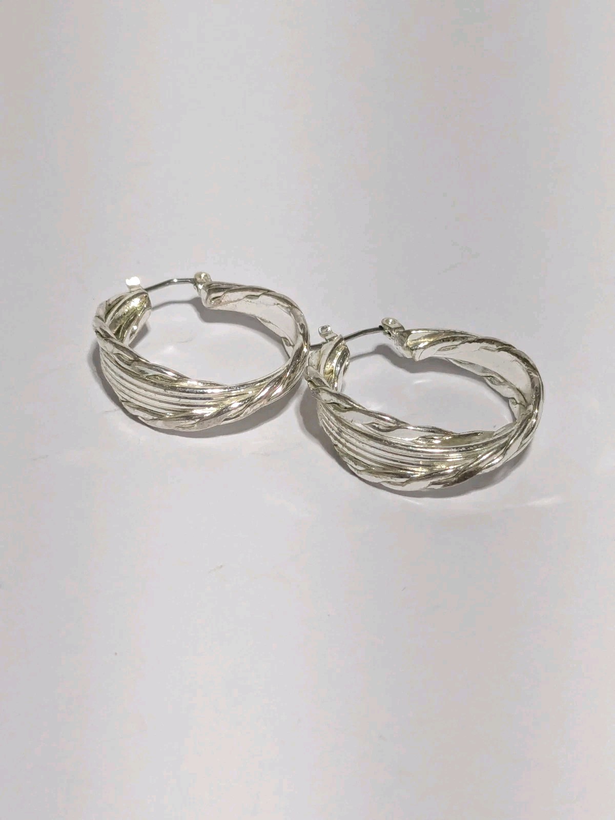 Silver Tone Twisted Textured Hoop Push Lock Dangle Earrings 1″.
