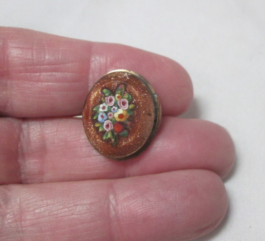Tiny Antique Pietra Dura Floral Design Set in Goldstone Pin Brooch