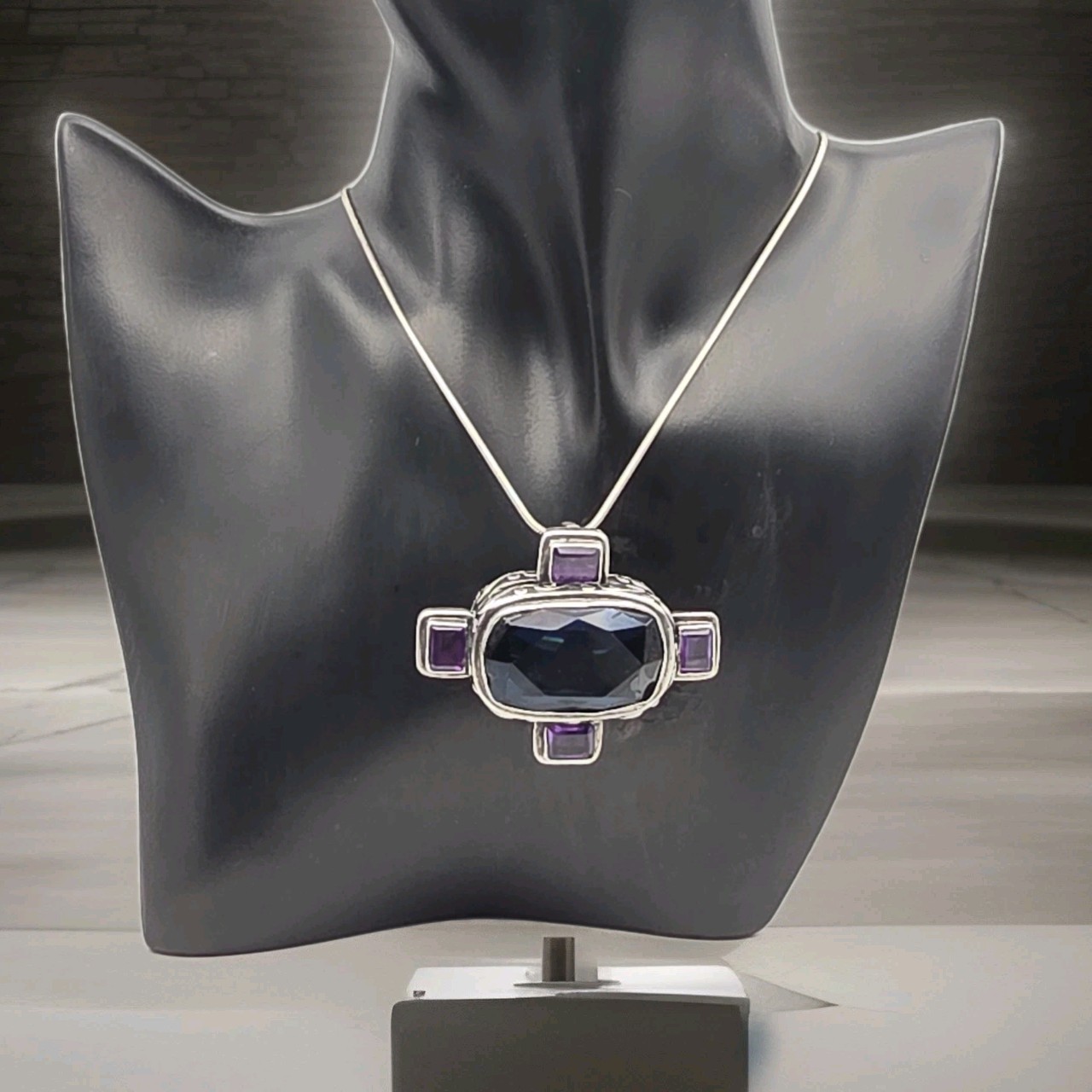 Vtg. Artisan 925 Silver Pendant Brooch Synth Sapphire Natural Amethyst 45+grams