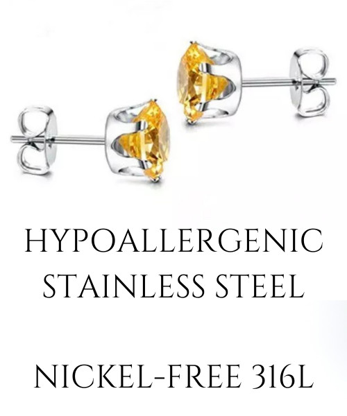 3mm CZ Stud Earrings, Yellow Topaz November Birthstone, Hypo Stainless Steel 316