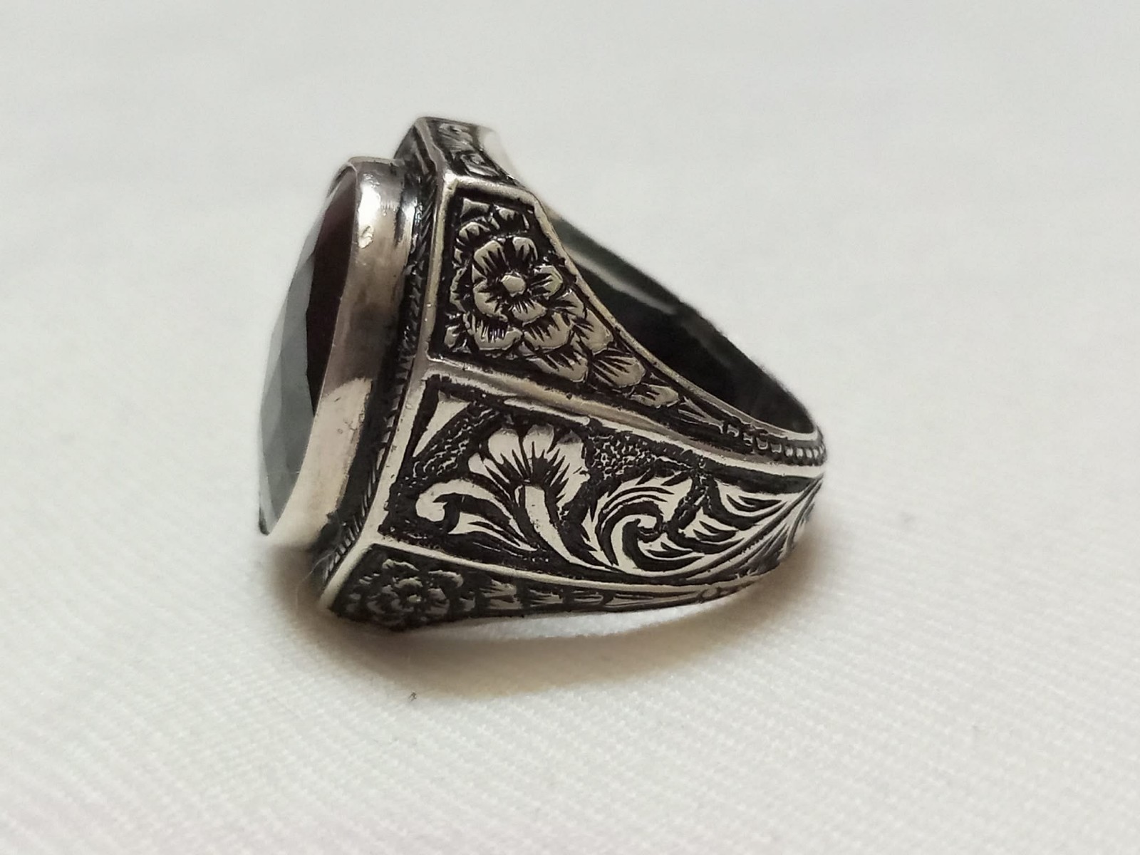 Vintage Turkish Men’s Ring 925 Sterling Silver Black Onyx Carved Engraved 18.4g