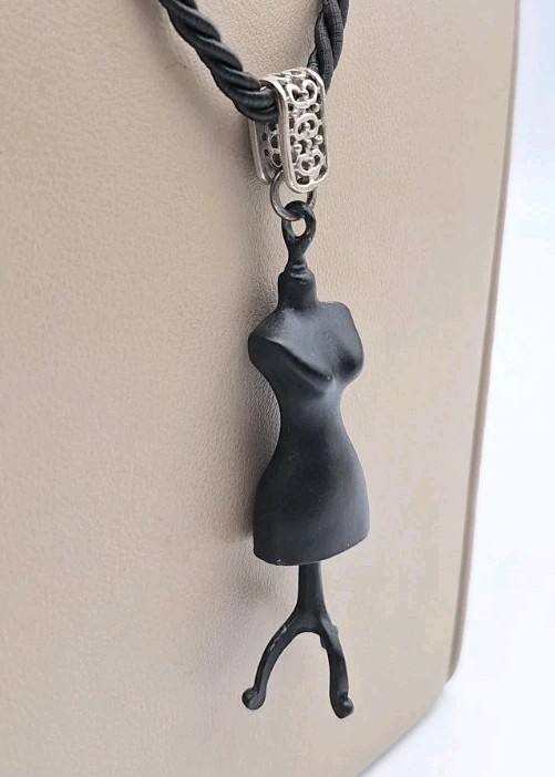 Black Mannequin Dress Form Art Pendant Necklace Black Braided Cord 19″-20″ *RARE