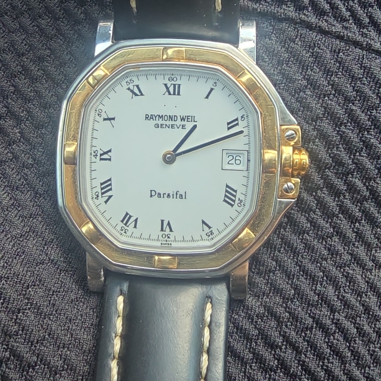 CLASSIC MENS RAYMOND WEIL PARSIFAL TWO TONE GOLD STAINLESS 9289 W/ BLACK LEATHER