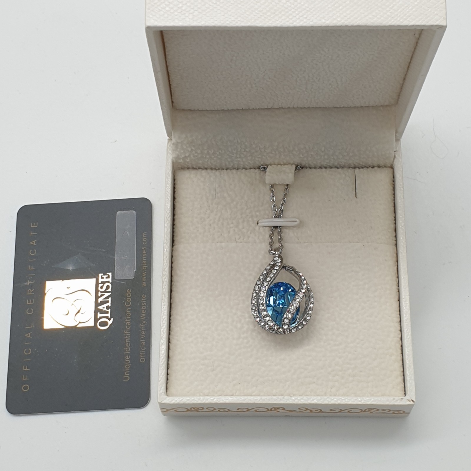 Qianse Necklace Boxed Unworn Blue Swarovski Crystal Pendant on Chain 51cm Silver