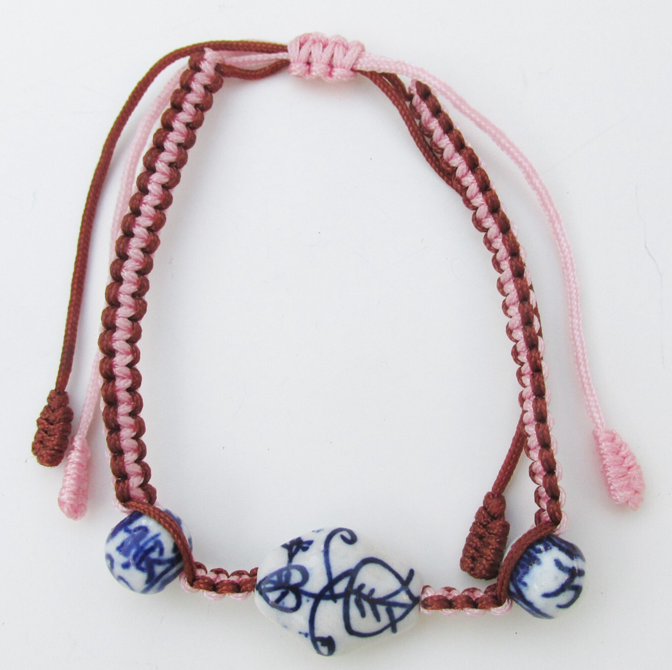 Vintage Blue & White Porcelain Bead Adjustable Macrame Slide Bracelet