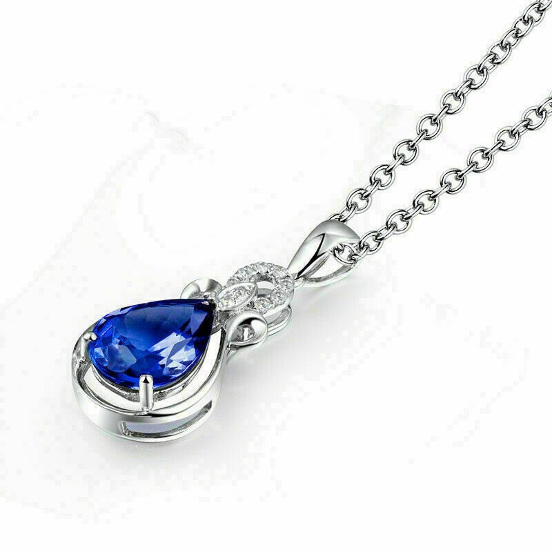Delicate 2Ct Pear Cut Tanzanite Solitaire Women’s Pendant 14K White Gold Finish
