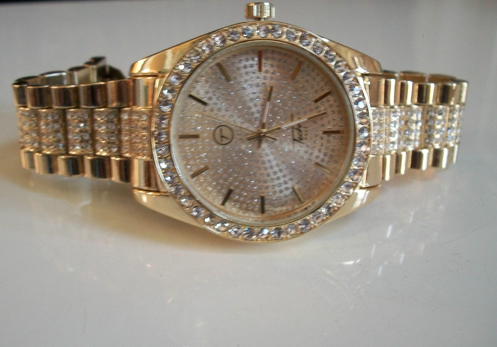 Men’s bling gold finish Techno Pave bracelet dressy party watch (9.5 inches)