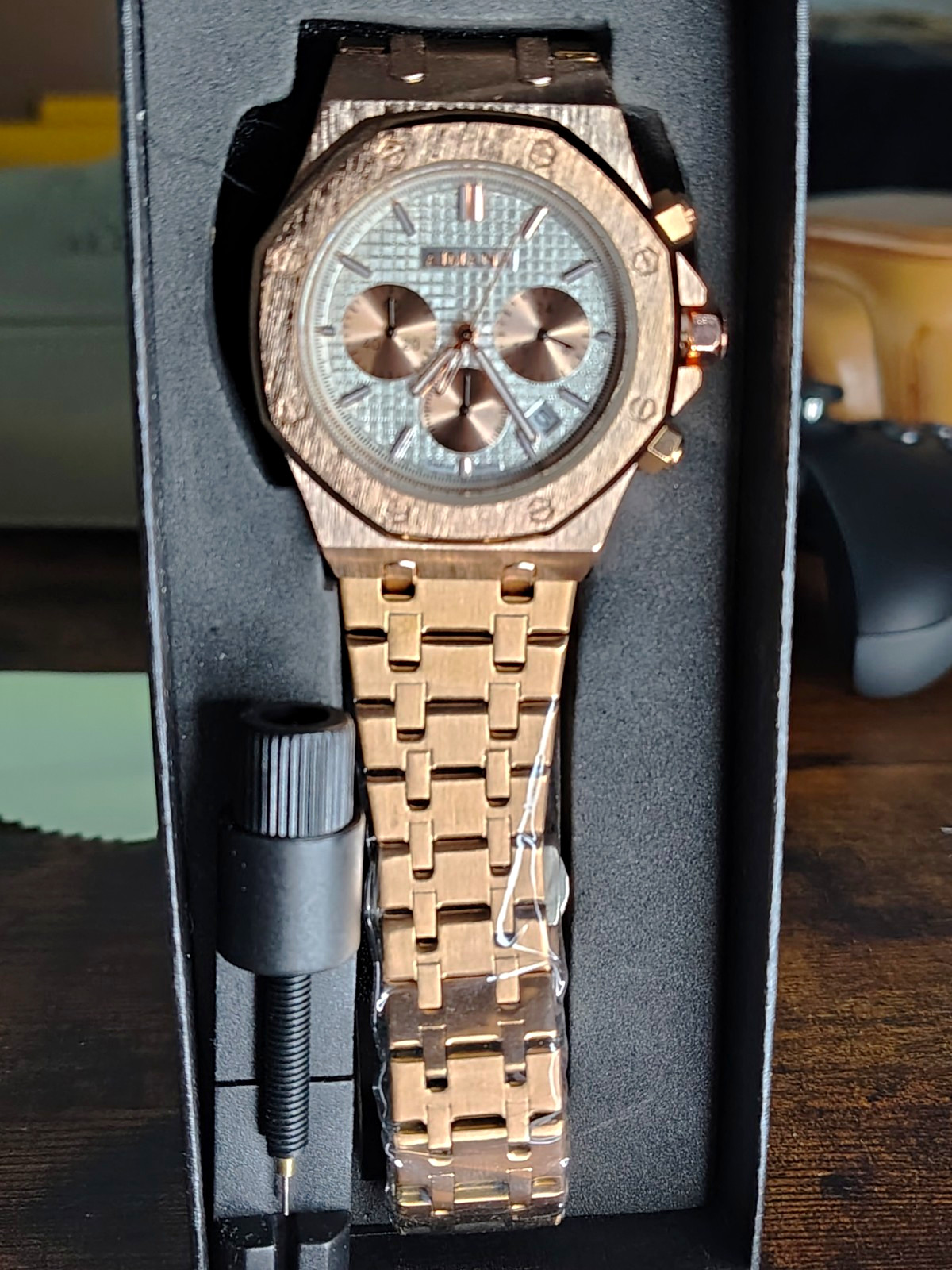 AIMANA Octagon Chronograph Silver Dial Analog Quartz Rose Gold Bracelet Watch
