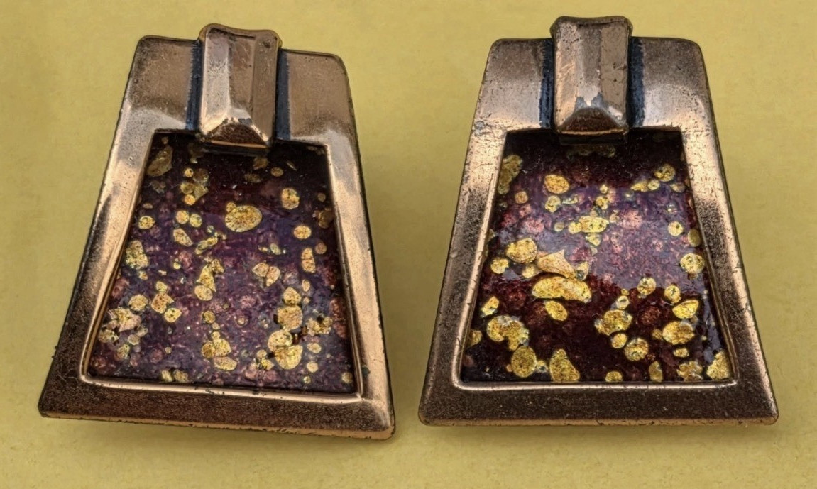 Copper Black Speckled Trapezoid Clip-On Earrings• Unique•Very Nice•COPPER•