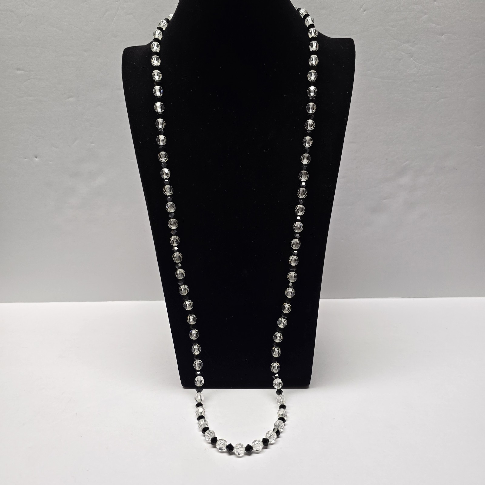 Vintage Faceted Clear & Black Crystal Bead Necklace 32″