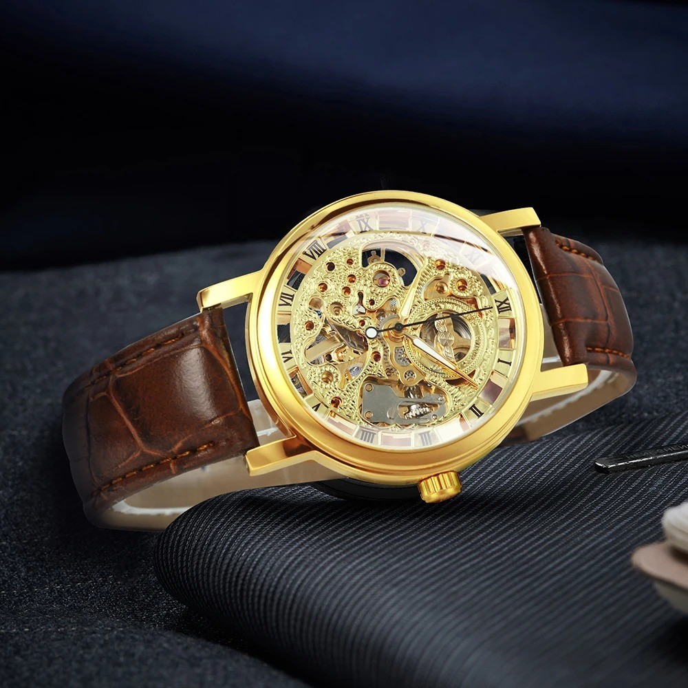 Jacob Transparent Gold Skeleton Mechanical Watch Casual Leather Strap Men
