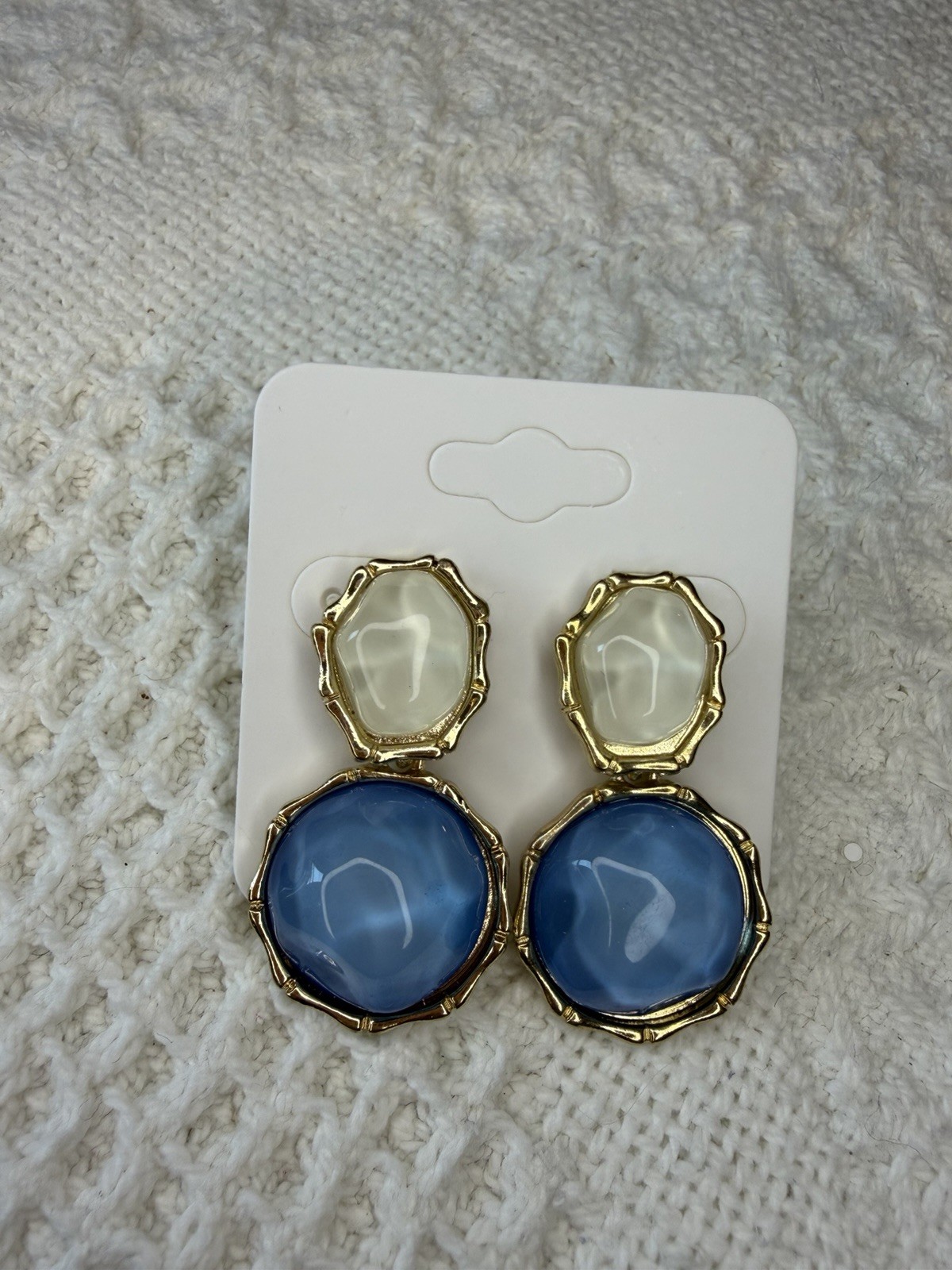 Gold-Tone Blue & White Round Cabochon Bezel Dangle/Drop Earrings, Post
