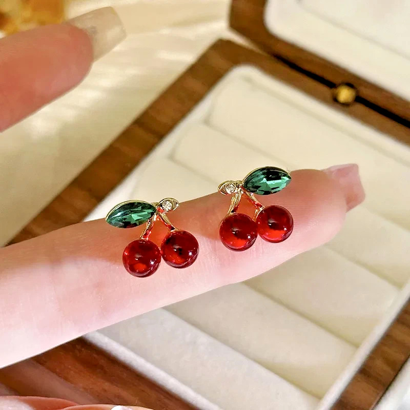 Red Cherry Stud Earrings Green Leaf Gold Tone – Dainty Fruit Studs S925 Post