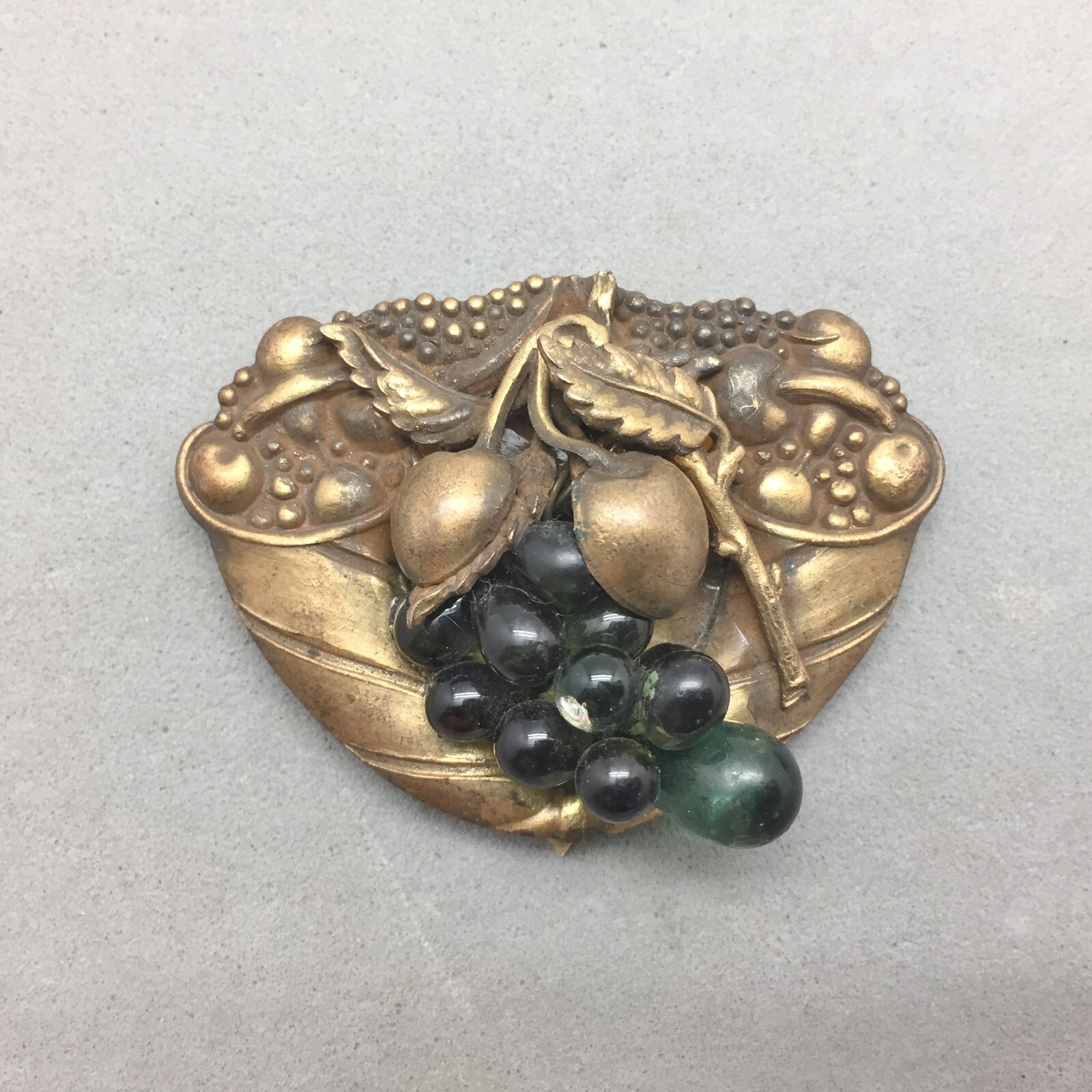 Antique Pr Gilt Gold Shoe Dress Clip Basket of Fruit Glass Grapes 2″ One No Clip