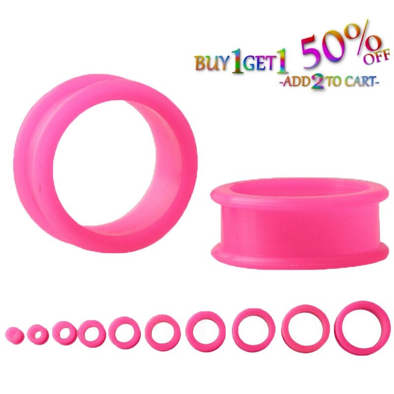 Pair 12g-50mm PINK SILICONE FLAT FLARE TUNNELS Double Gauges Thin Flesh 2007