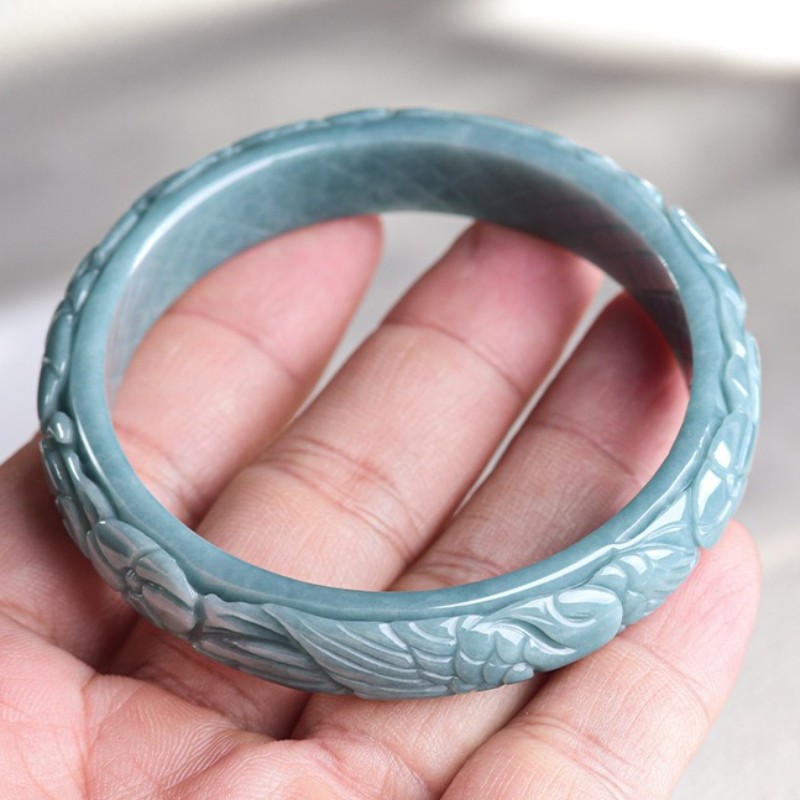 Certified natural A-grade jade blue water carved phoenix peony bracelet 54-64mm
