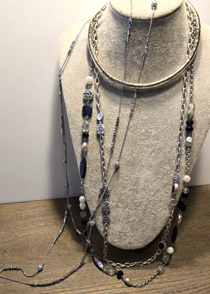 3 piece All Chico’s Necklaces Silver & Gold Tone 2 Long 1 Bar Style Choker