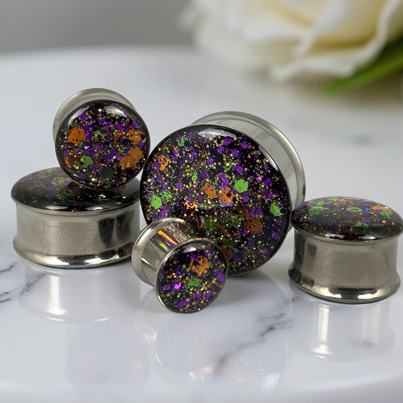 Embedded Halloween Glitter Steel Plugs (MTO-051) gauges pair handmade