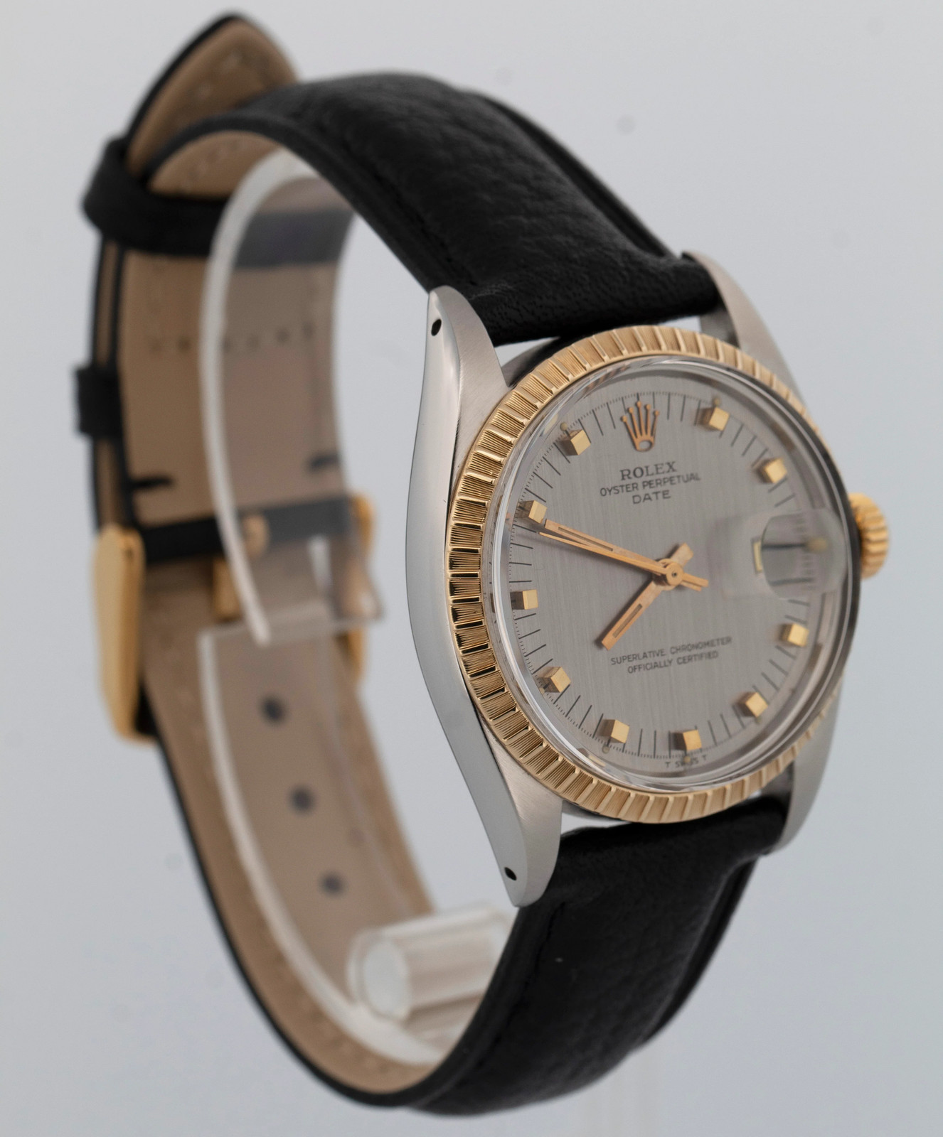 Rolex Oyster Perpetual Date GRAY Two-Tone Engine-Turned Gold 34mm 1505 Watch