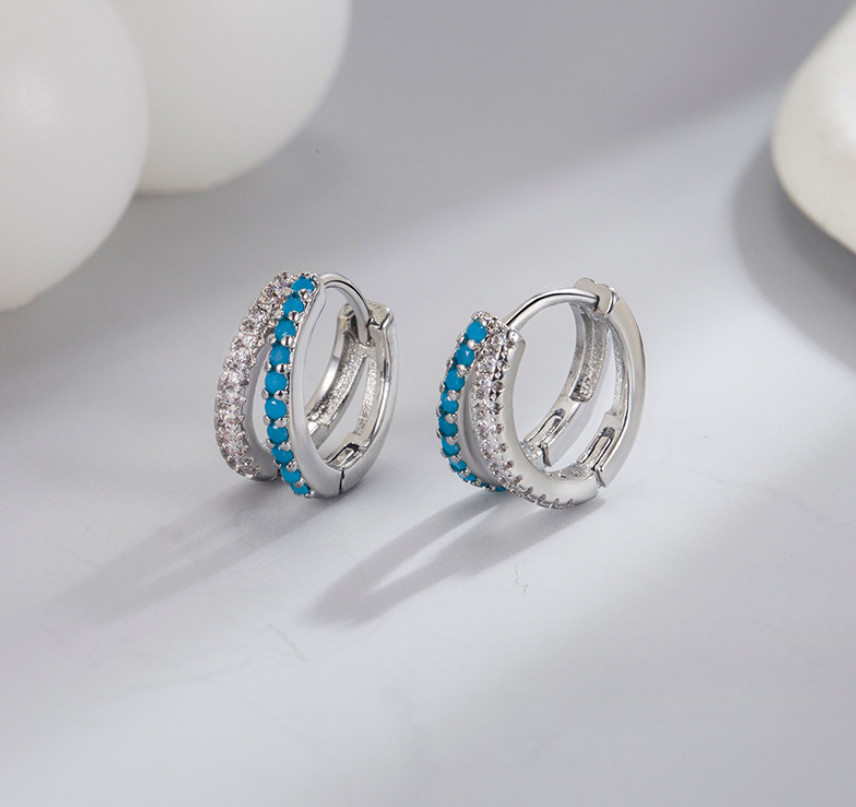 Women 925 Sterling Silver Post Turquoise Decor CZ Huggie Hoop Snap Earrings A28