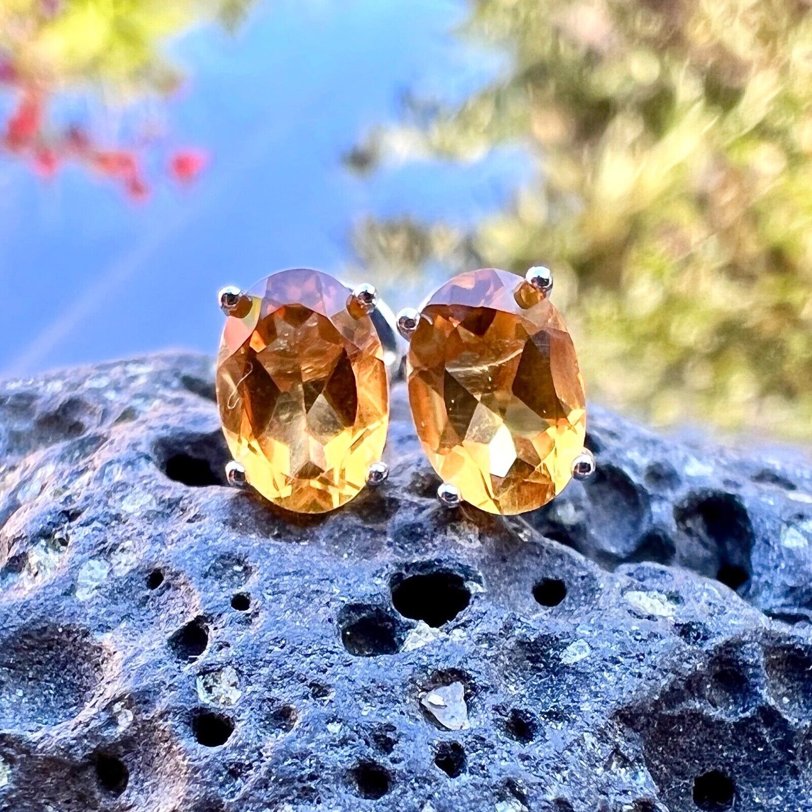 Handmade Small AAA Oval Natural Citrine Stud Earrings , November Birthstone