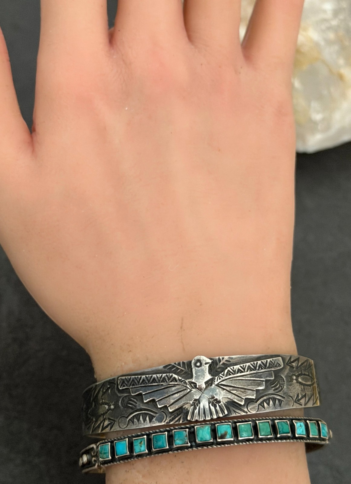 Vintage FRED HARVEY Era ZUNI Square Green Turquoise Silver bracelet 7in