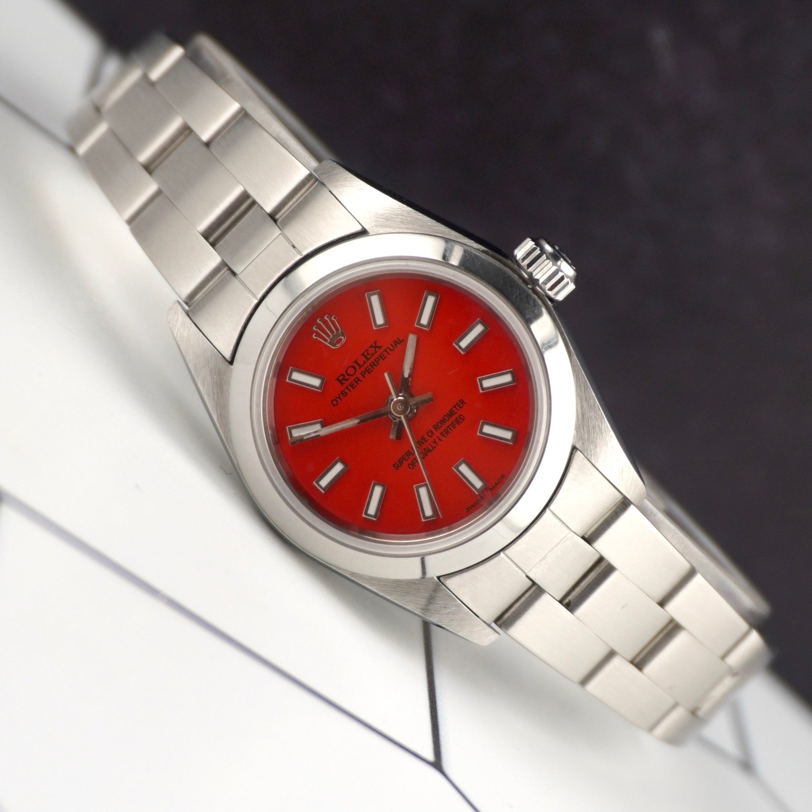 Rolex Oyster Perpetual 25mm Steel Red Dial Smooth Oyster Watch 67180