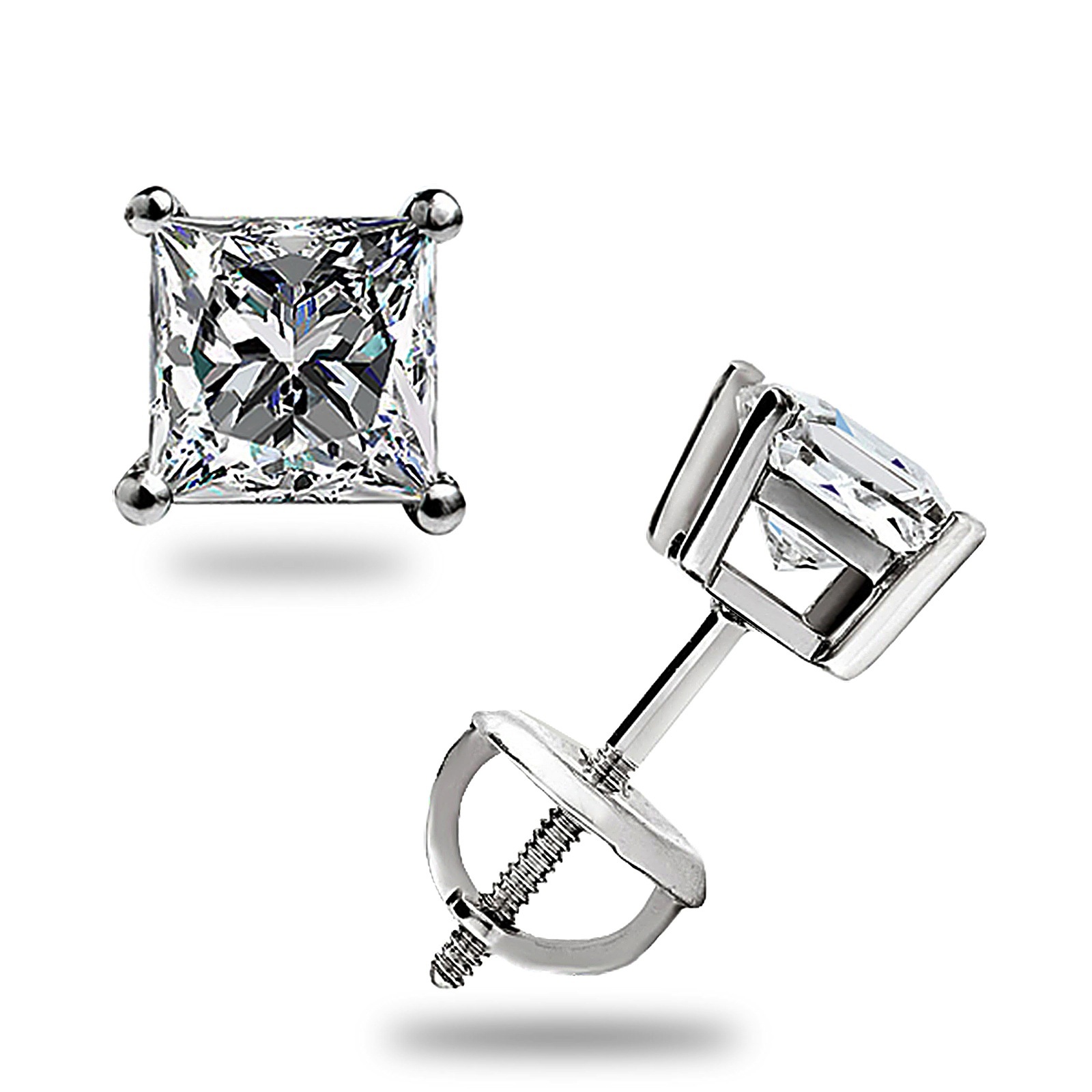 .90 Ct. Princess Cut GRA MOISSANITE Stud Earrings Screw back 14K White Gold Gift