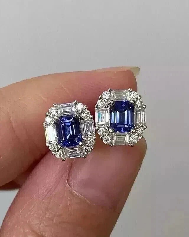 3.60Ct Emerald Cut Natural Blue Tanzanite Gemstone 14K White Gold stud Earring