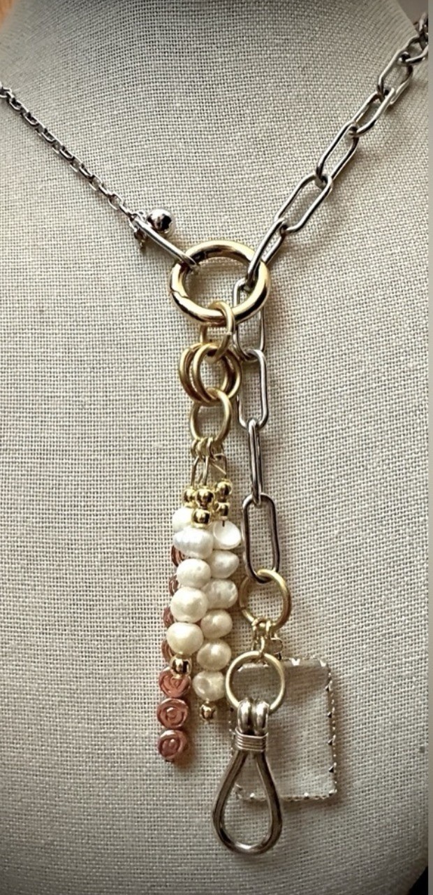 Handcrafted Assemblage Metal & Pearls Carabiner Charm Necklace w/ Pearls