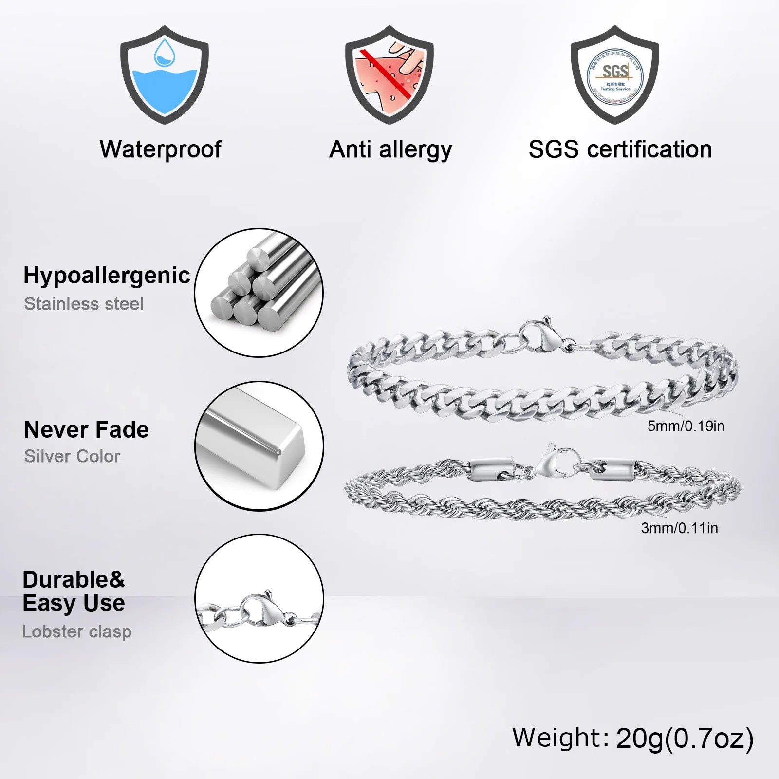 2pcs Men’s Chain Bracelets,Stainless Steel Silver Gold Black Color Twist Rope Ch
