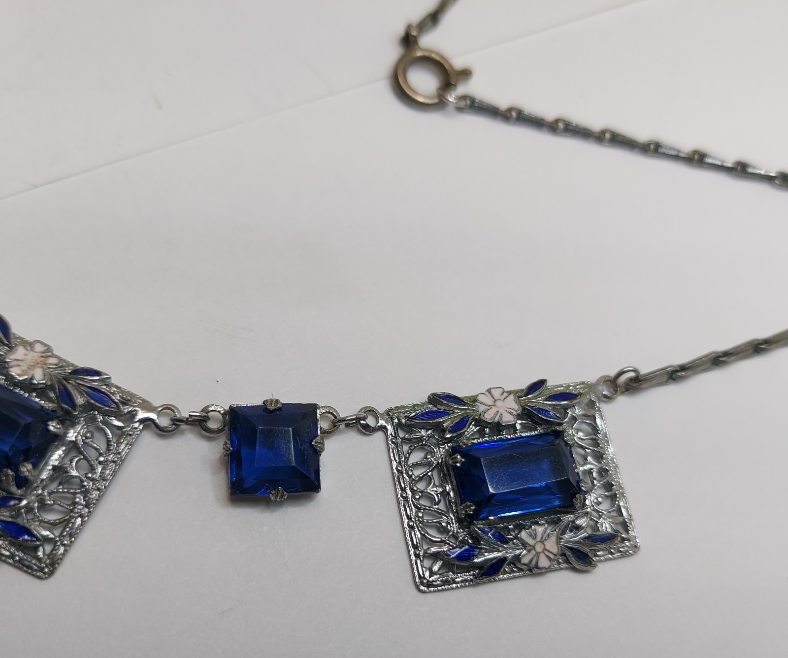 1920s Art Deco Czech Deep Blue Glass Enamel Flower Floral Filigree Necklace