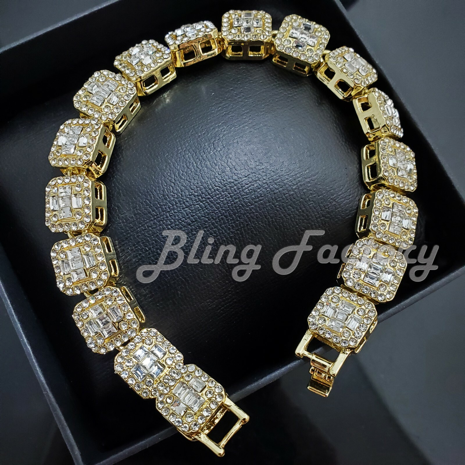 HIP HOP GOLD SILVER PLATED ALLOY ICED CUBIC ZIRCONIA BAGUETTE CHAIN BRACELET