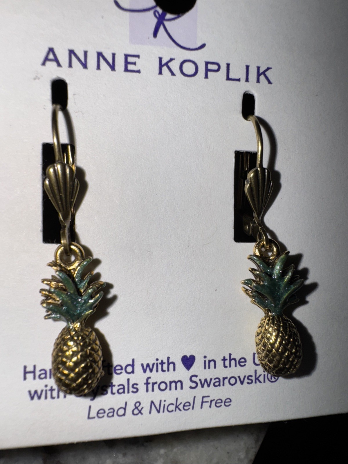 Anne Koplik Pineapple Dangle Earrings Gold USA made lead and nickel free nwt