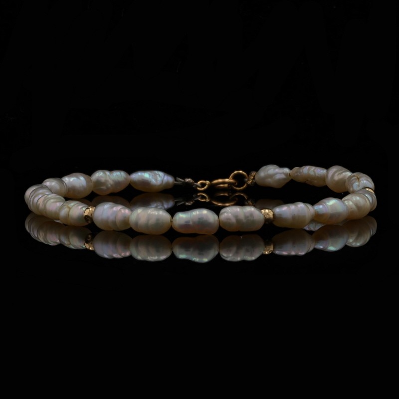 Yellow Gold Cultured Freshwater Pearl Beaded Strand Bracelet 7″ -14k Coated Wire