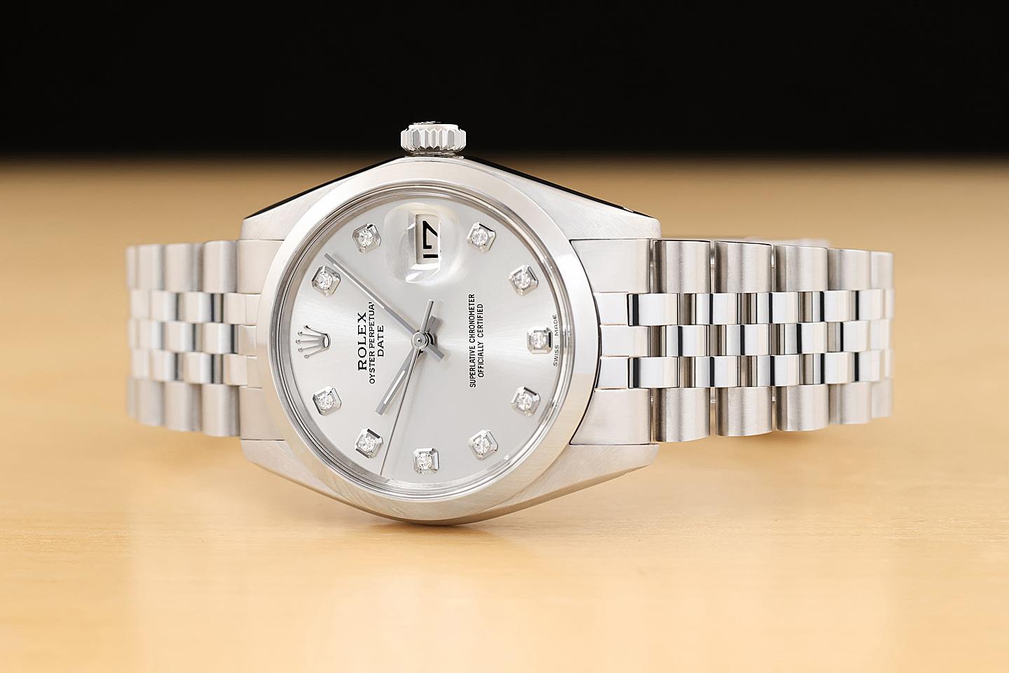 ROLEX OYSTER PERPETUAL DATE 1500 SILVER DIAMOND DIAL STAINLESS STEEL 34MM WATCH