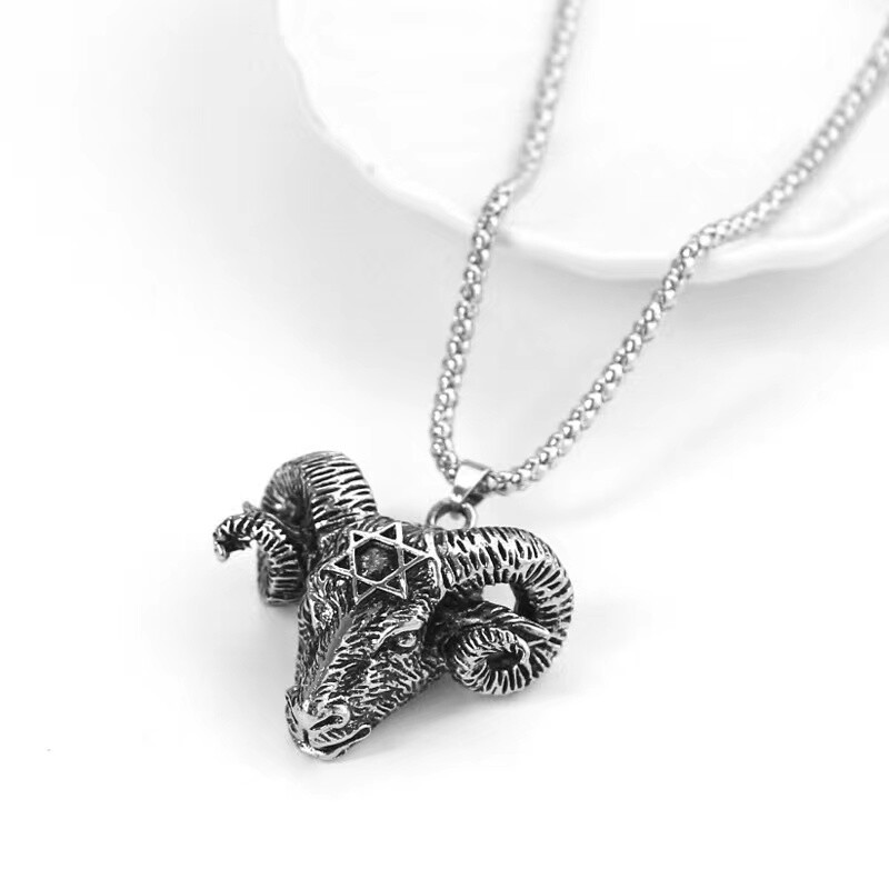 Men Satanic Hexagram Goat Pendant Baphomet Necklace Stainless Steel Chain 24″